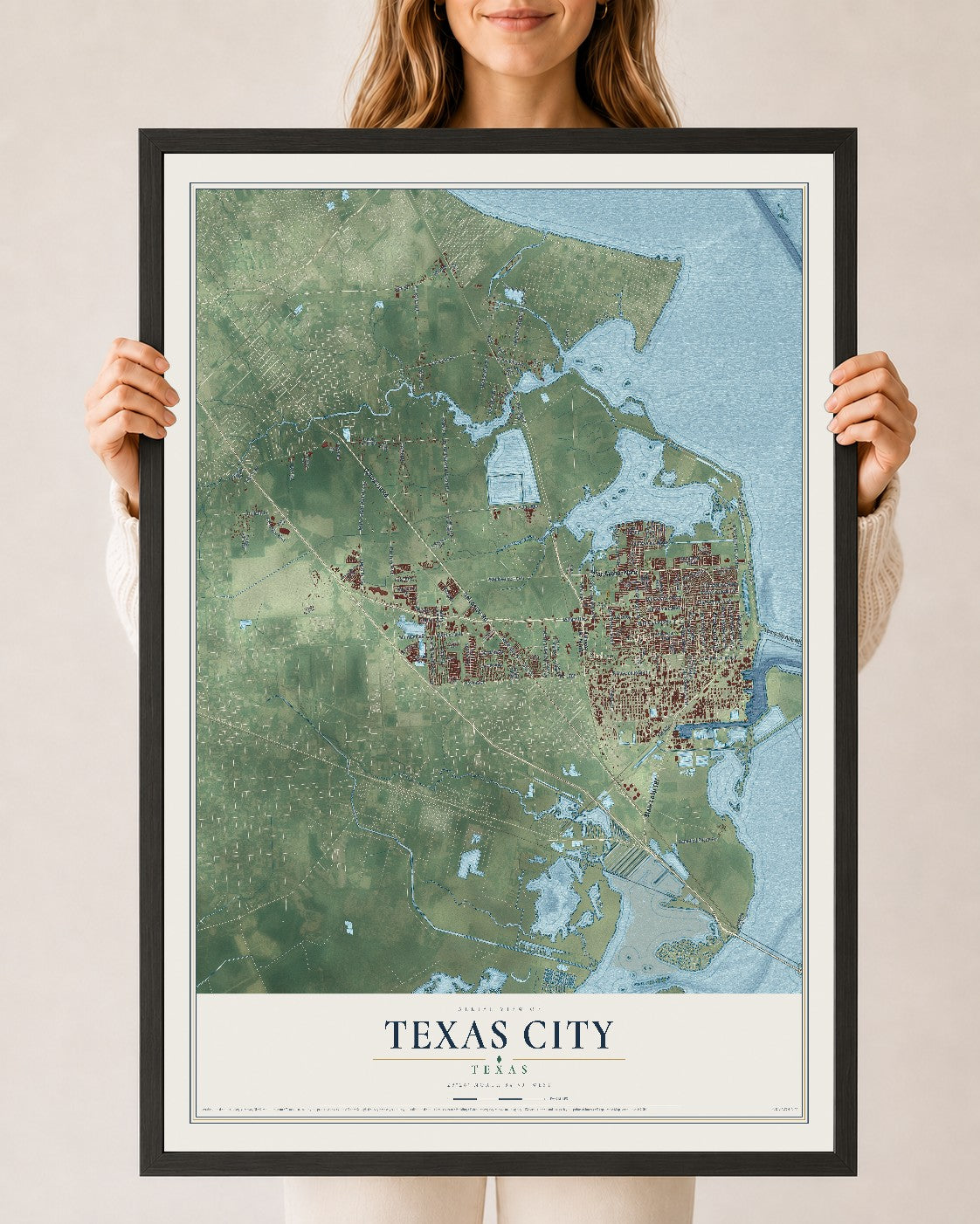 Map of Texas City, Texas, 24 x 36 inch print in a black wood frame