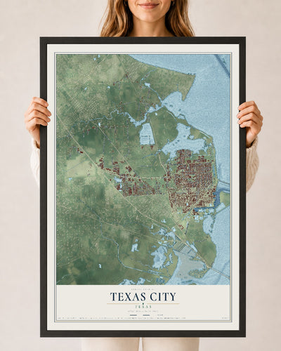 Map of Texas City, Texas, 24 x 36 inch print in a black wood frame