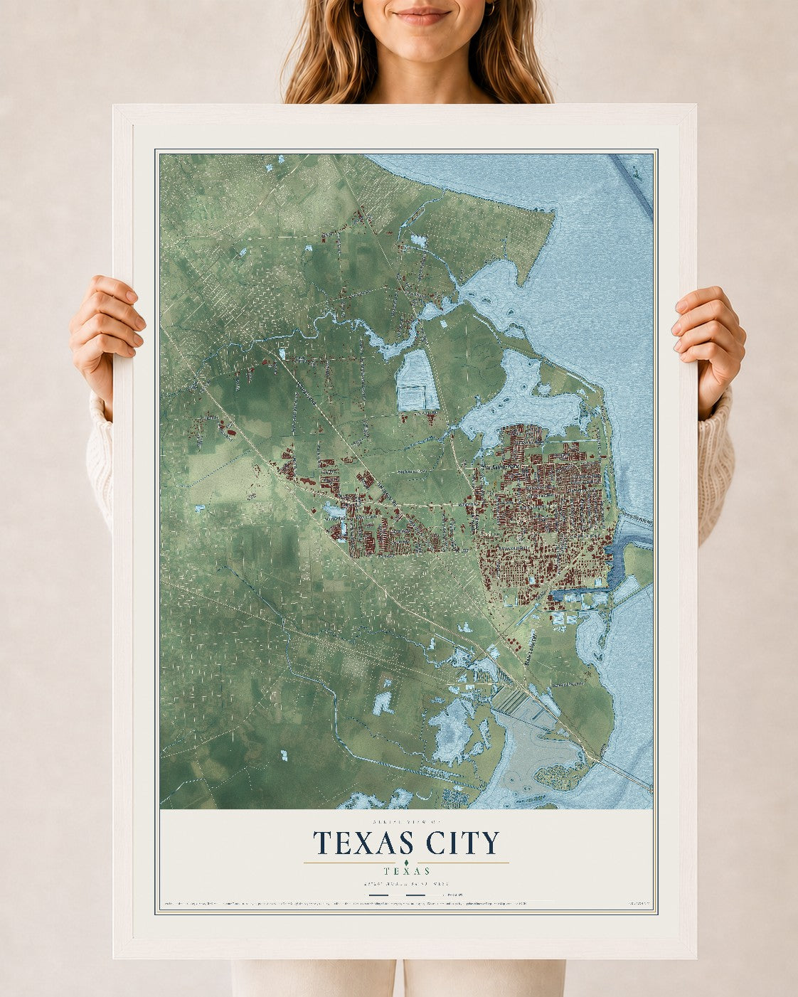 Map of Texas City, Texas, 24 x 36 inch print in a white wood frame