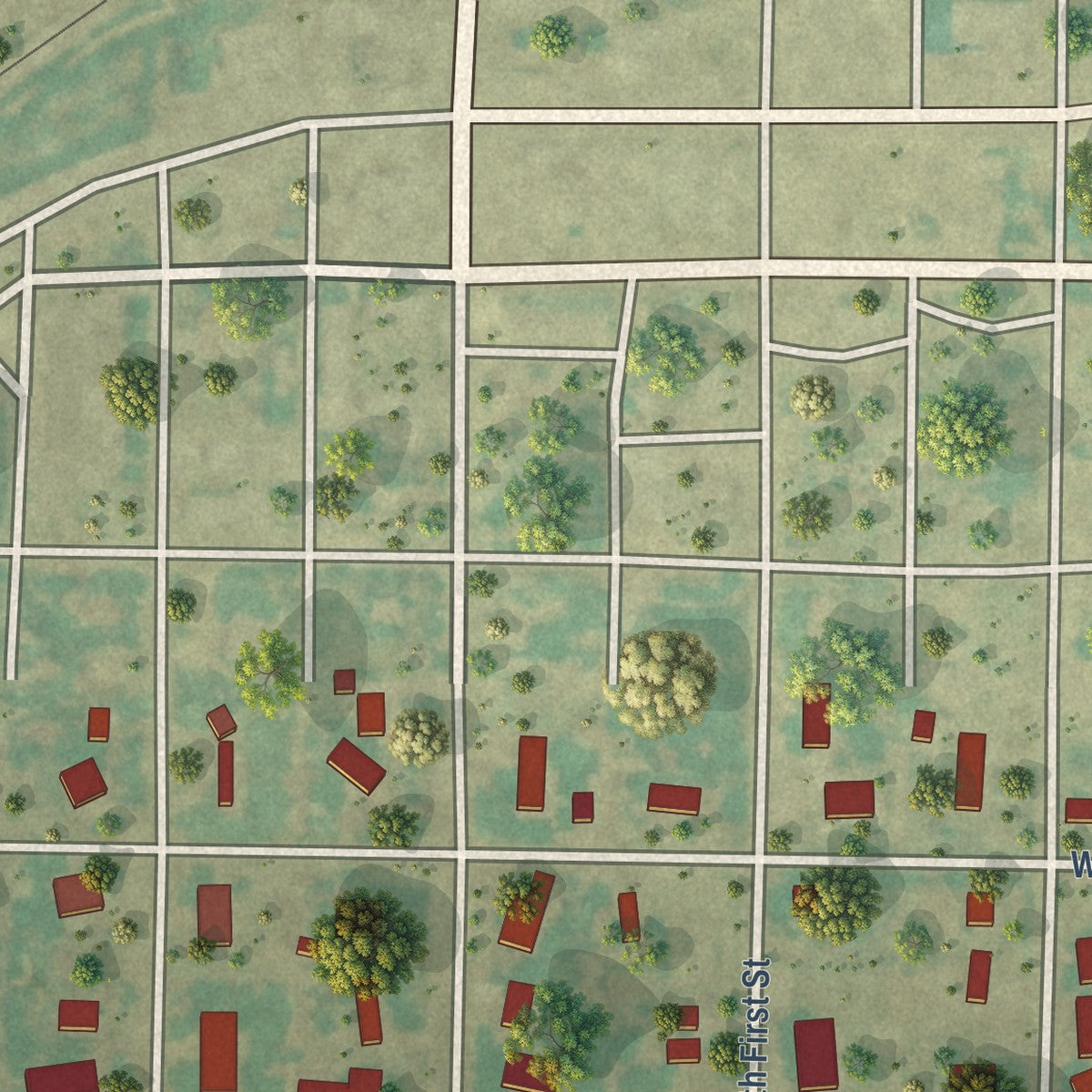 Close-up of the map of Texhoma, Texas print showing street and building detail