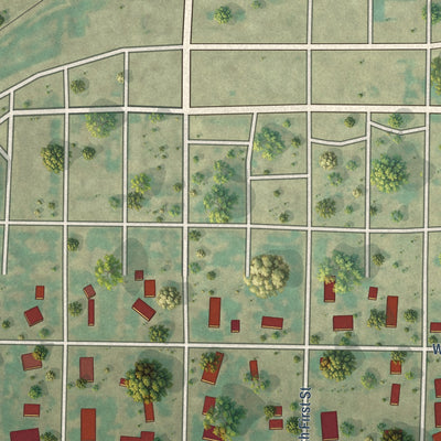 Close-up of the map of Texhoma, Texas print showing street and building detail