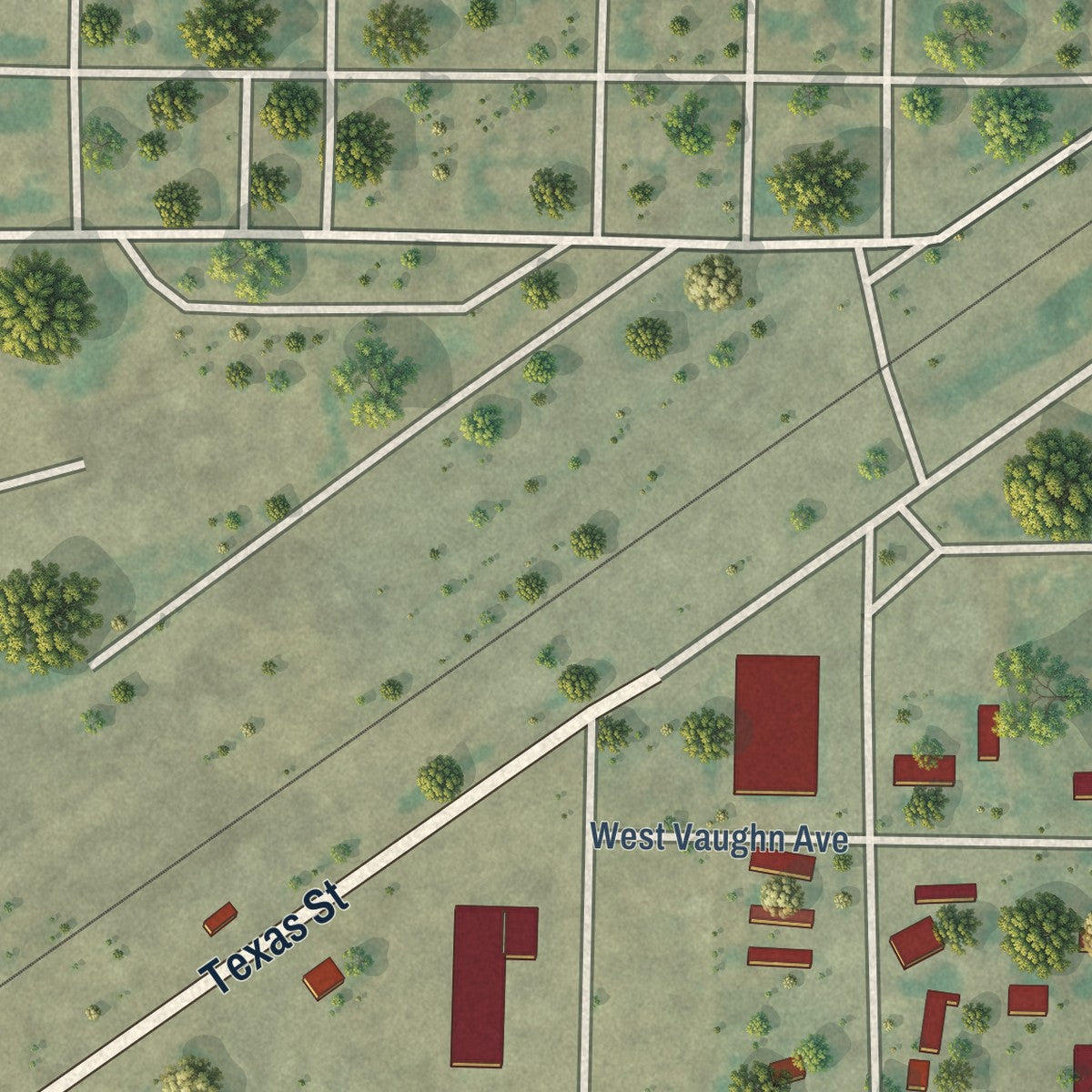 Second close-up of the map of Texhoma, Texas print showing more streets and buildings