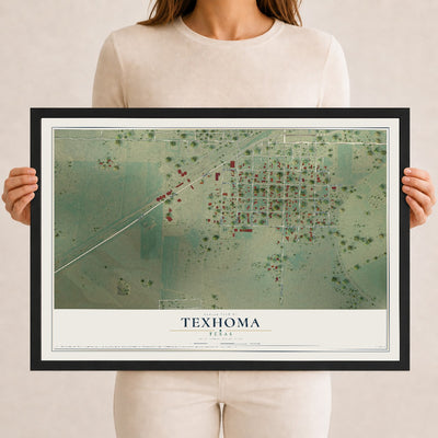 Map of Texhoma, Texas, 12 x 18 inch print in a black wood frame
