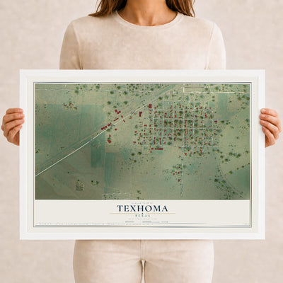 Map of Texhoma, Texas, 12 x 18 inch print in a white wood frame