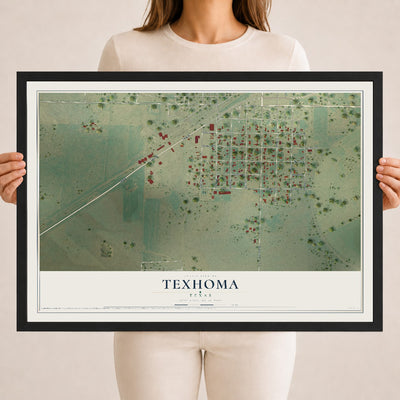 Map of Texhoma, Texas, 18 x 24 inch print in a black wood frame