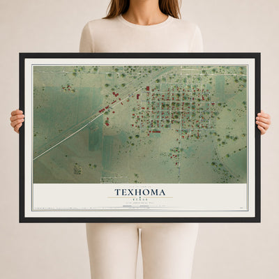 Map of Texhoma, Texas, 24 x 36 inch print in a black wood frame