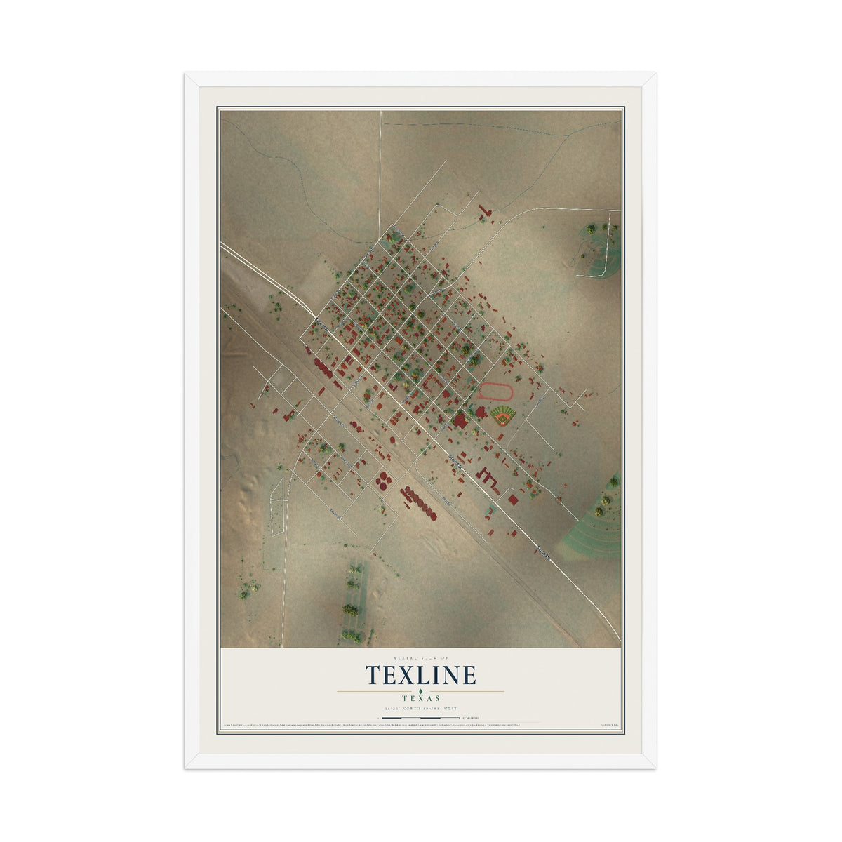 Map of Texline, Texas, 12 x 18 inch print in a white wood frame