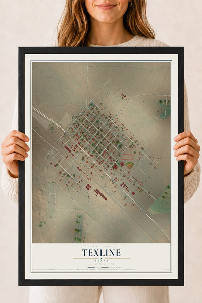 Map of Texline, Texas, 18 x 24 inch print in a black wood frame