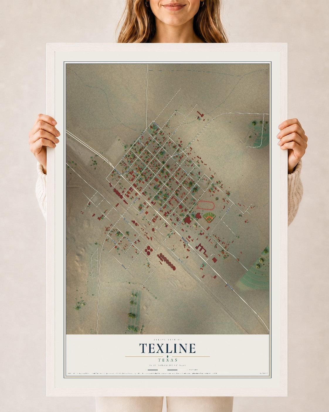 Map of Texline, Texas, 24 x 36 inch print in a white wood frame