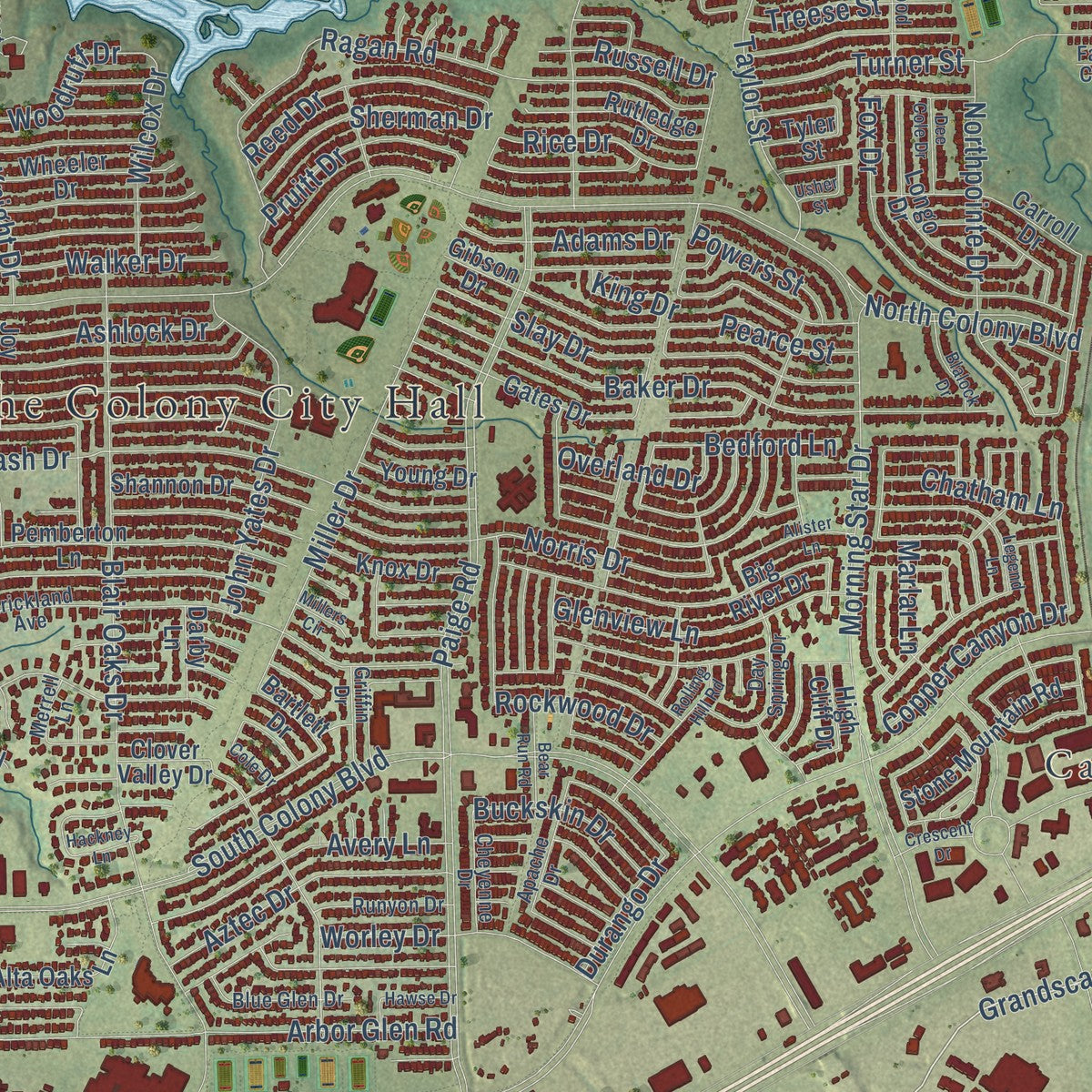 Close-up of the map of The Colony, Texas print showing street and building detail