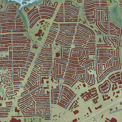 Close-up of the map of The Colony, Texas print showing street and building detail