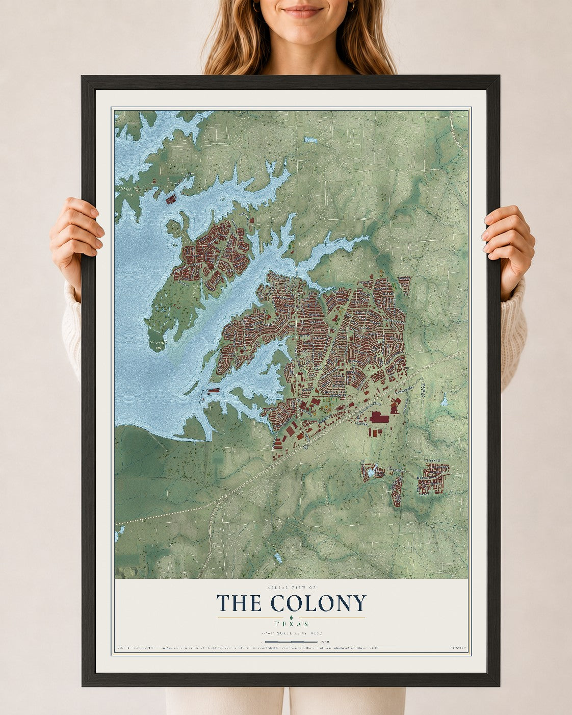Map of The Colony, Texas, 24 x 36 inch print in a black wood frame