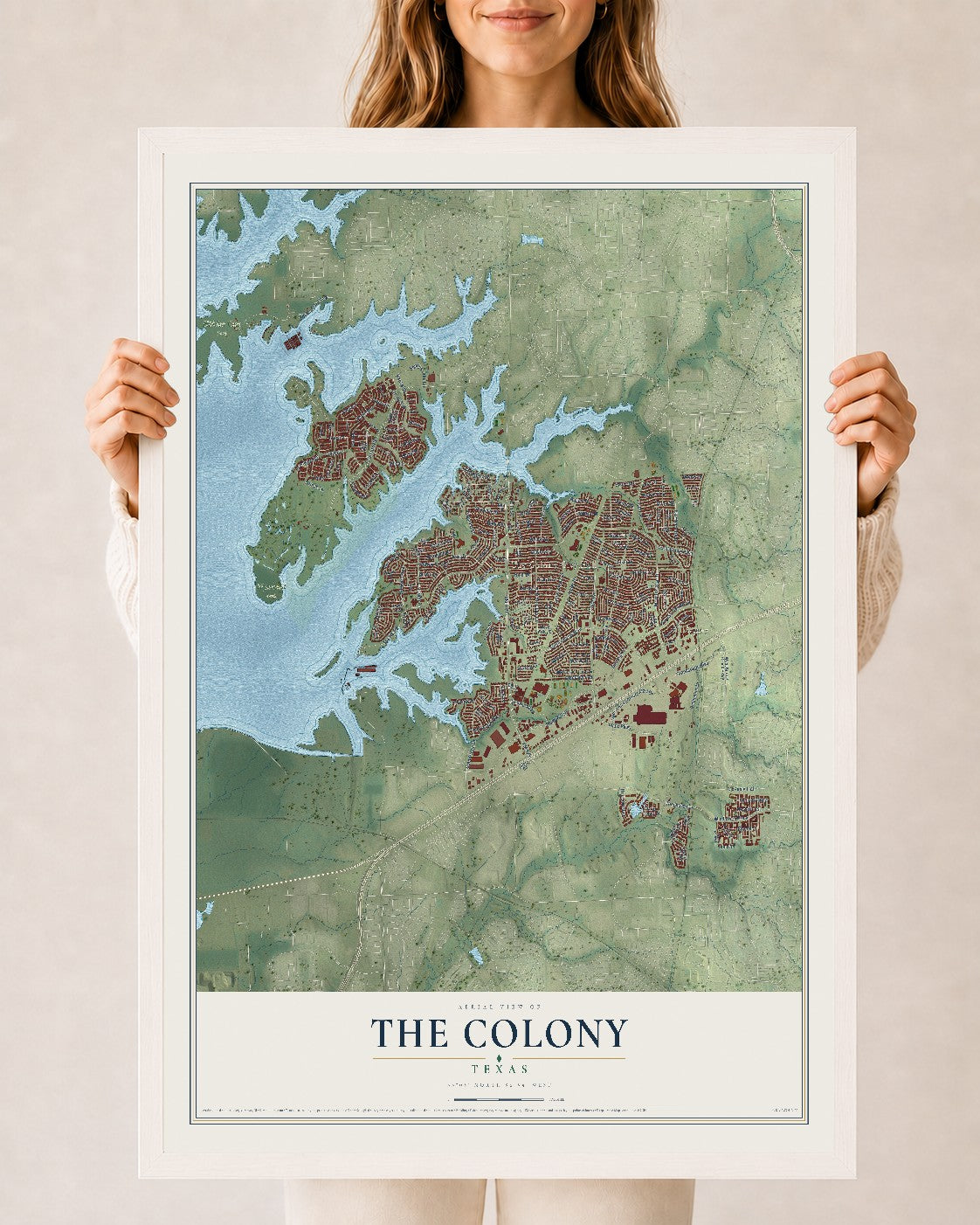 Map of The Colony, Texas, 24 x 36 inch print in a white wood frame
