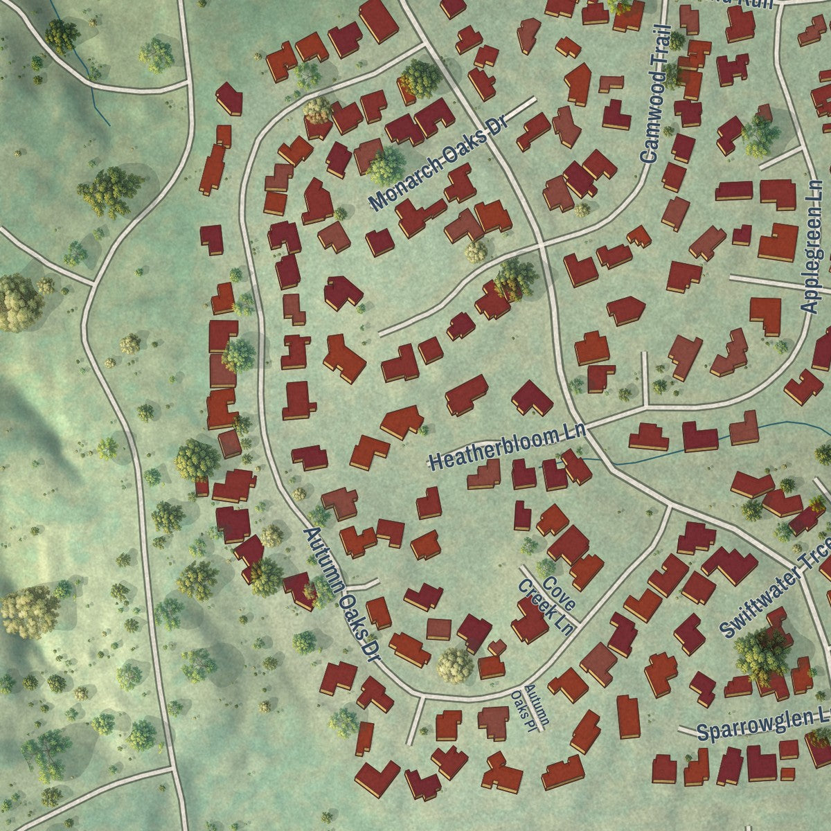 Close-up of the map of The Hills, Texas print showing street and building detail