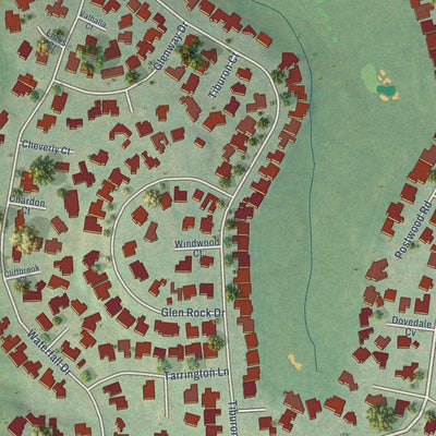Second close-up of the map of The Hills, Texas print showing more streets and buildings