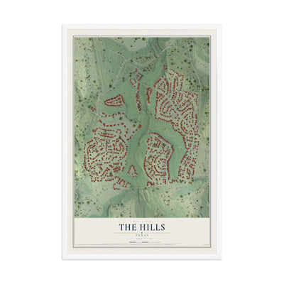 Map of The Hills, Texas, 12 x 18 inch print in a white wood frame