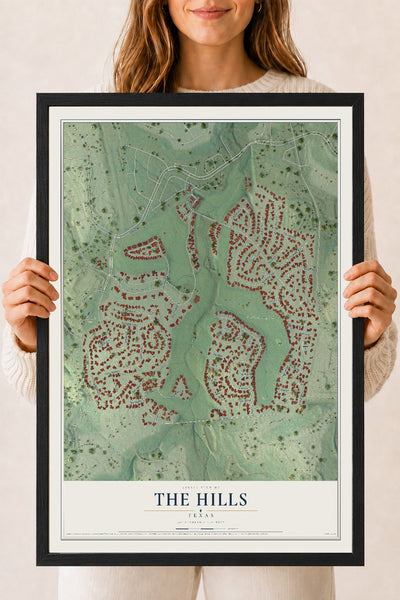Map of The Hills, Texas, 18 x 24 inch print in a black wood frame