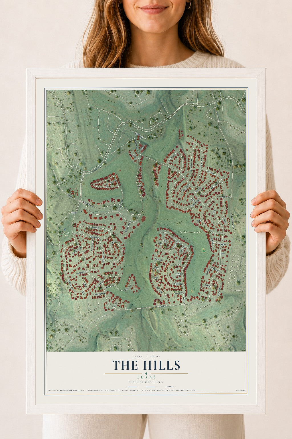 Map of The Hills, Texas, 18 x 24 inch print in a white wood frame