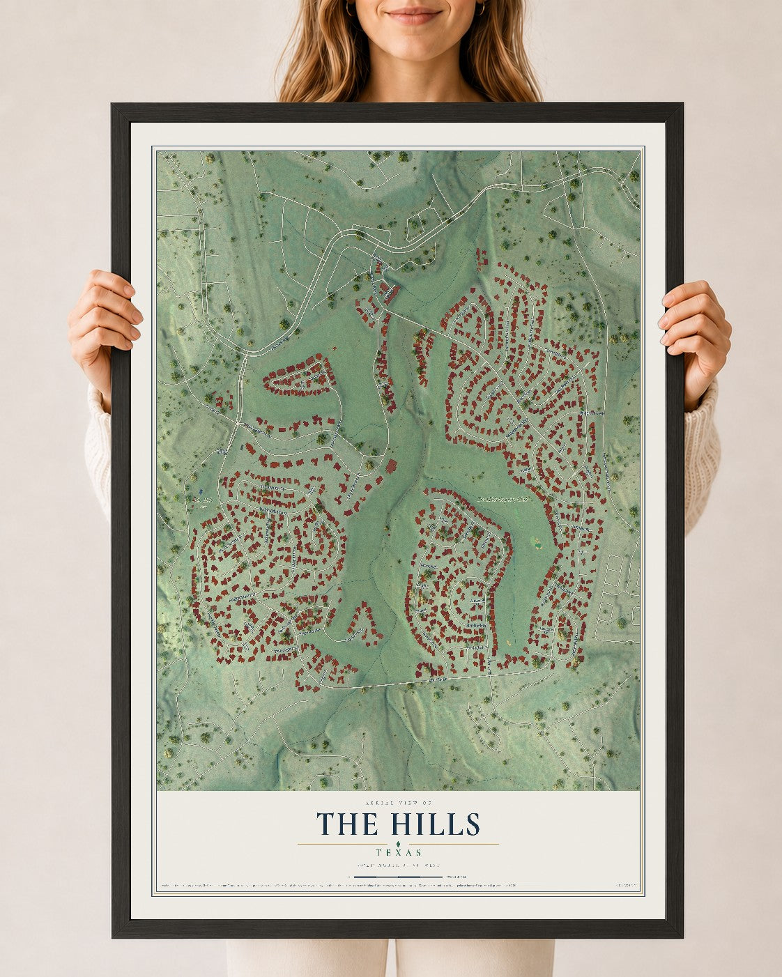 Map of The Hills, Texas, 24 x 36 inch print in a black wood frame