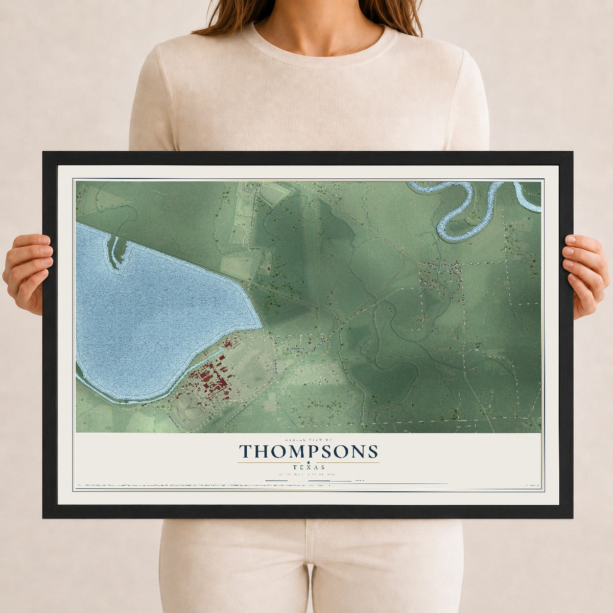 Map of Thompsons, Texas, 12 x 18 inch print in a black wood frame