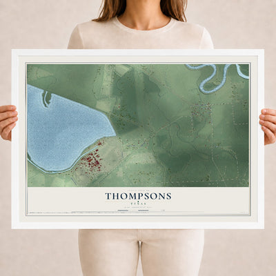 Map of Thompsons, Texas, 18 x 24 inch print in a white wood frame