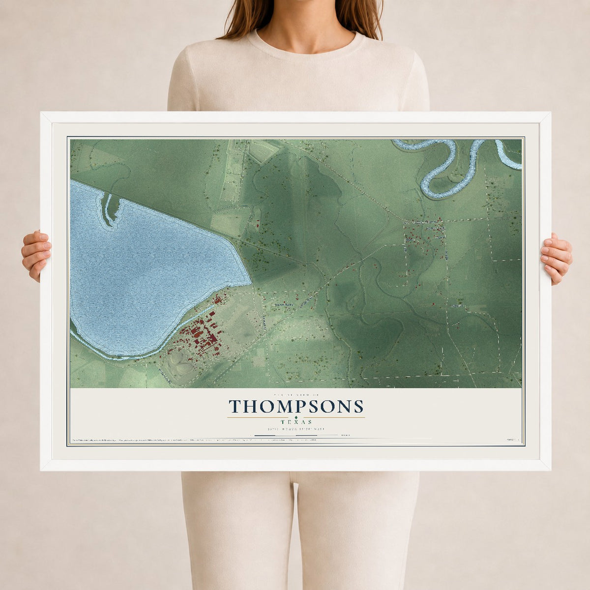 Map of Thompsons, Texas, 24 x 36 inch print in a white wood frame