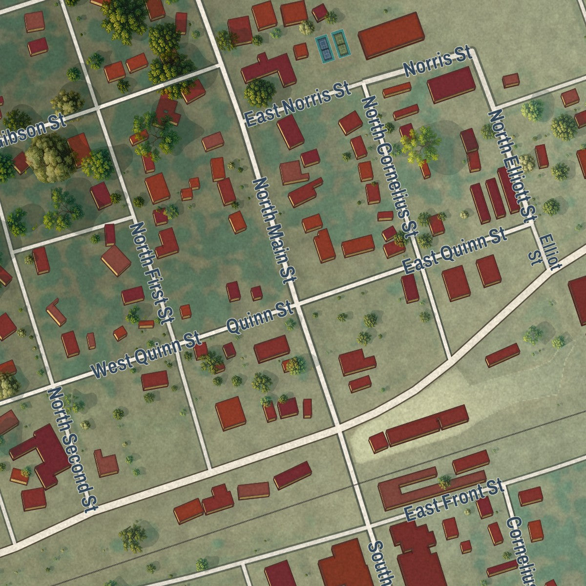 Close-up of the map of Thorndale, Texas print showing street and building detail