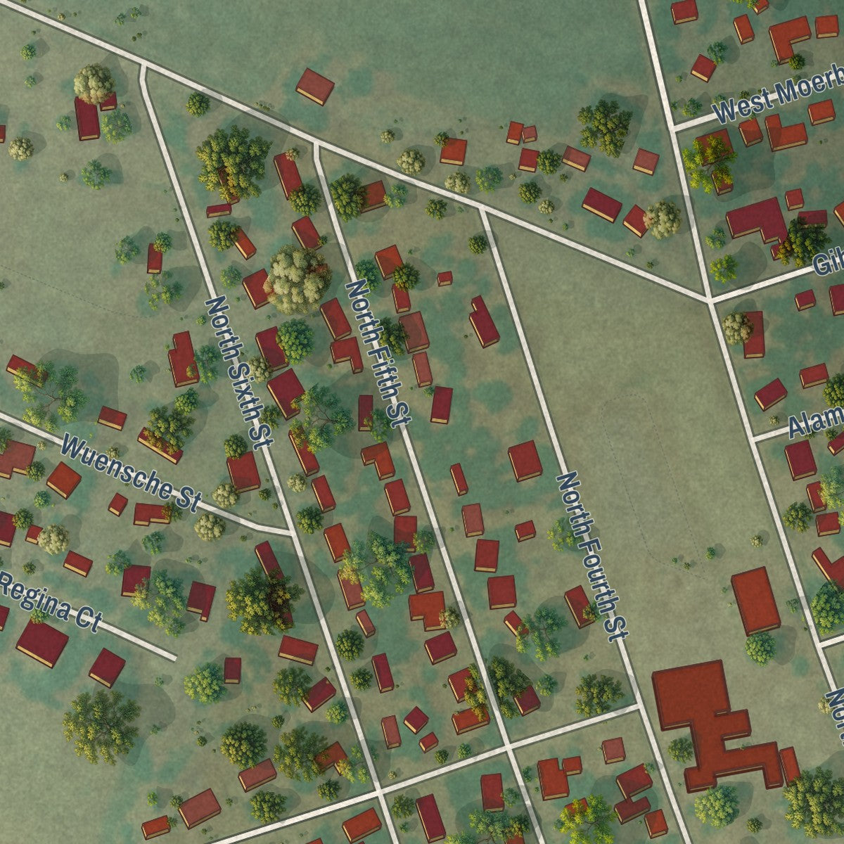 Second close-up of the map of Thorndale, Texas print showing more streets and buildings