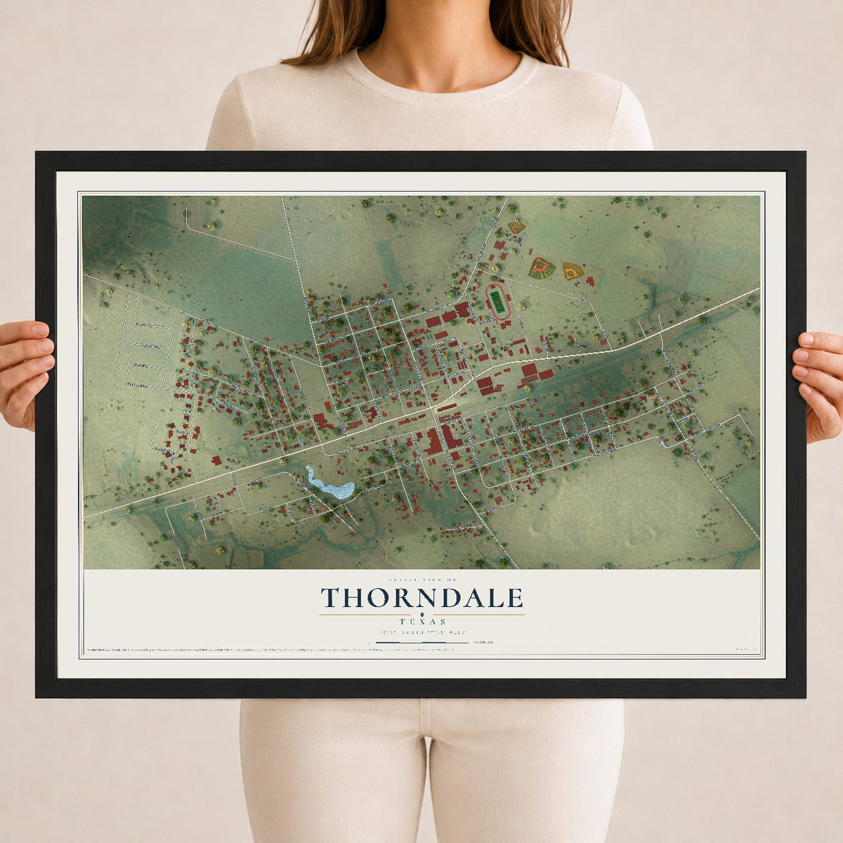 Map of Thorndale, Texas, 18 x 24 inch print in a black wood frame