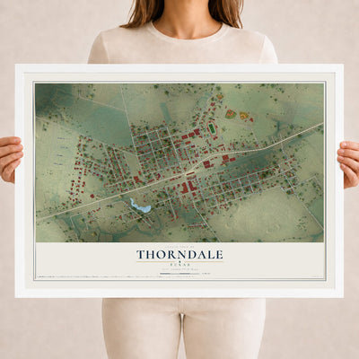 Map of Thorndale, Texas, 18 x 24 inch print in a white wood frame