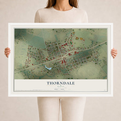 Map of Thorndale, Texas, 24 x 36 inch print in a white wood frame