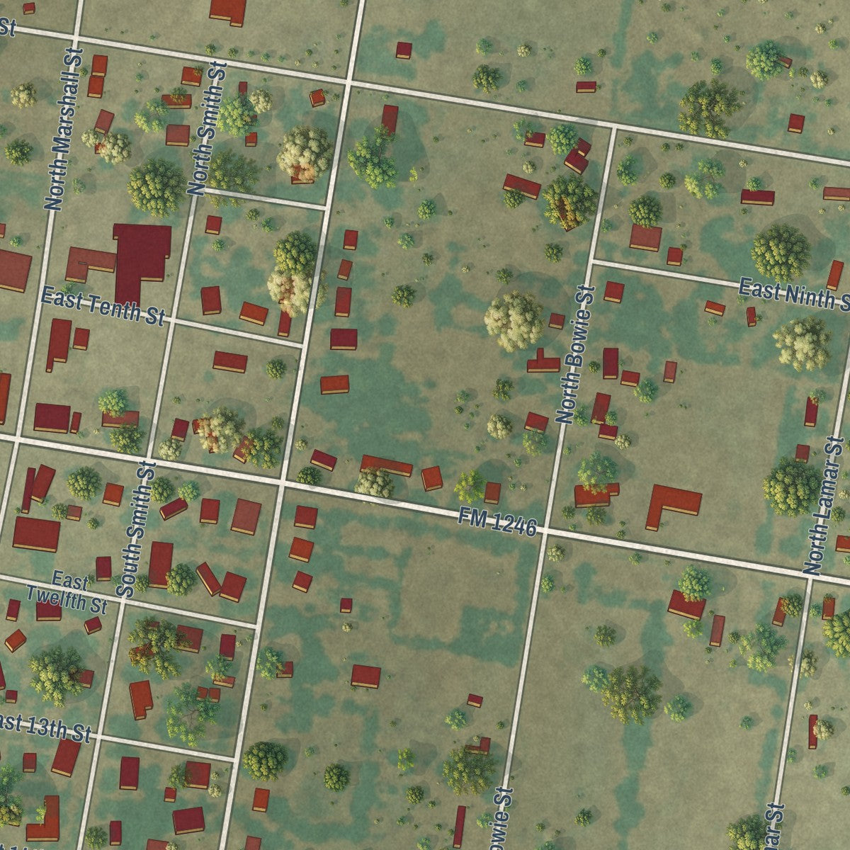 Close-up of the map of Thornton, Texas print showing street and building detail