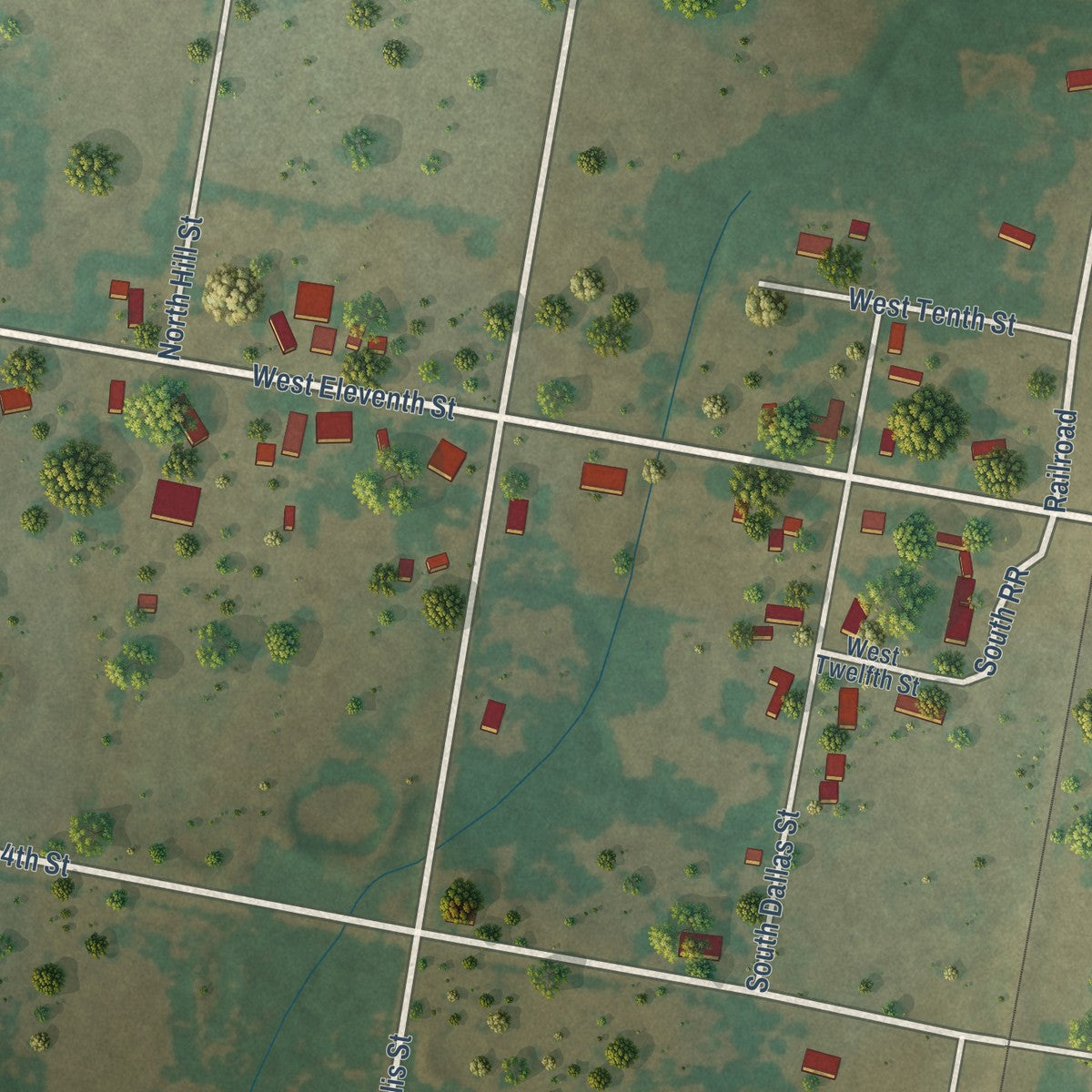 Second close-up of the map of Thornton, Texas print showing more streets and buildings