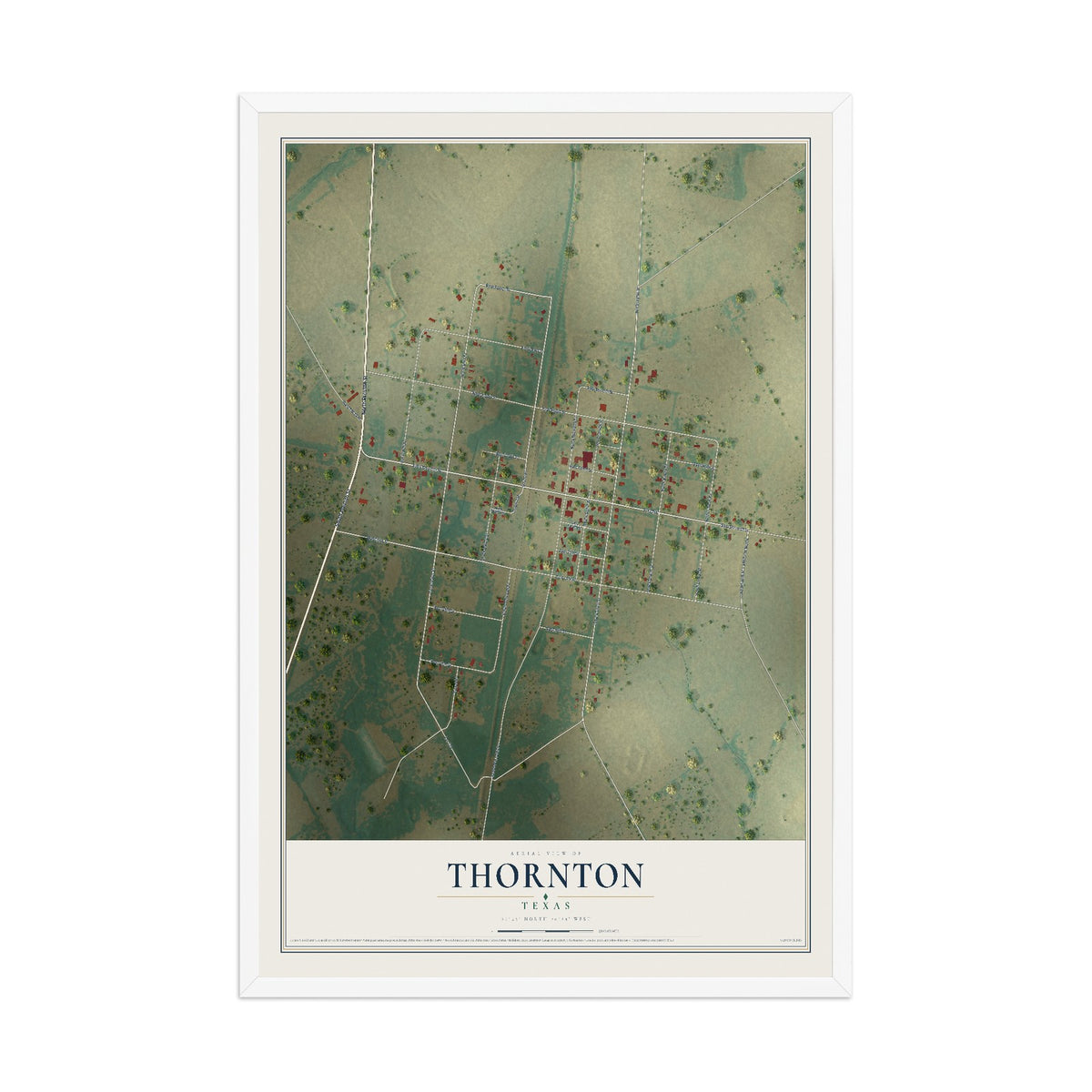 Map of Thornton, Texas, 12 x 18 inch print in a white wood frame