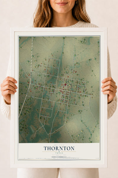 Map of Thornton, Texas, 18 x 24 inch print in a white wood frame