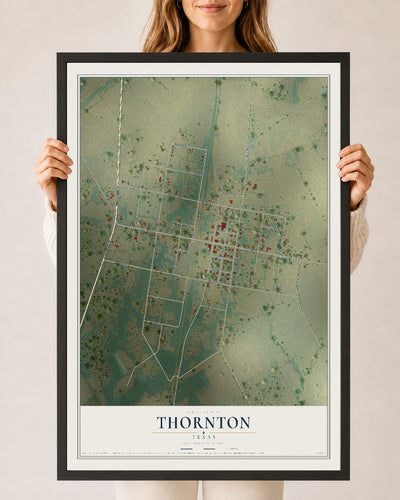 Map of Thornton, Texas, 24 x 36 inch print in a black wood frame