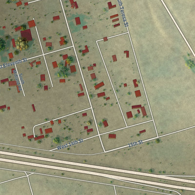 Close-up of the map of Thorntonville, Texas print showing street and building detail