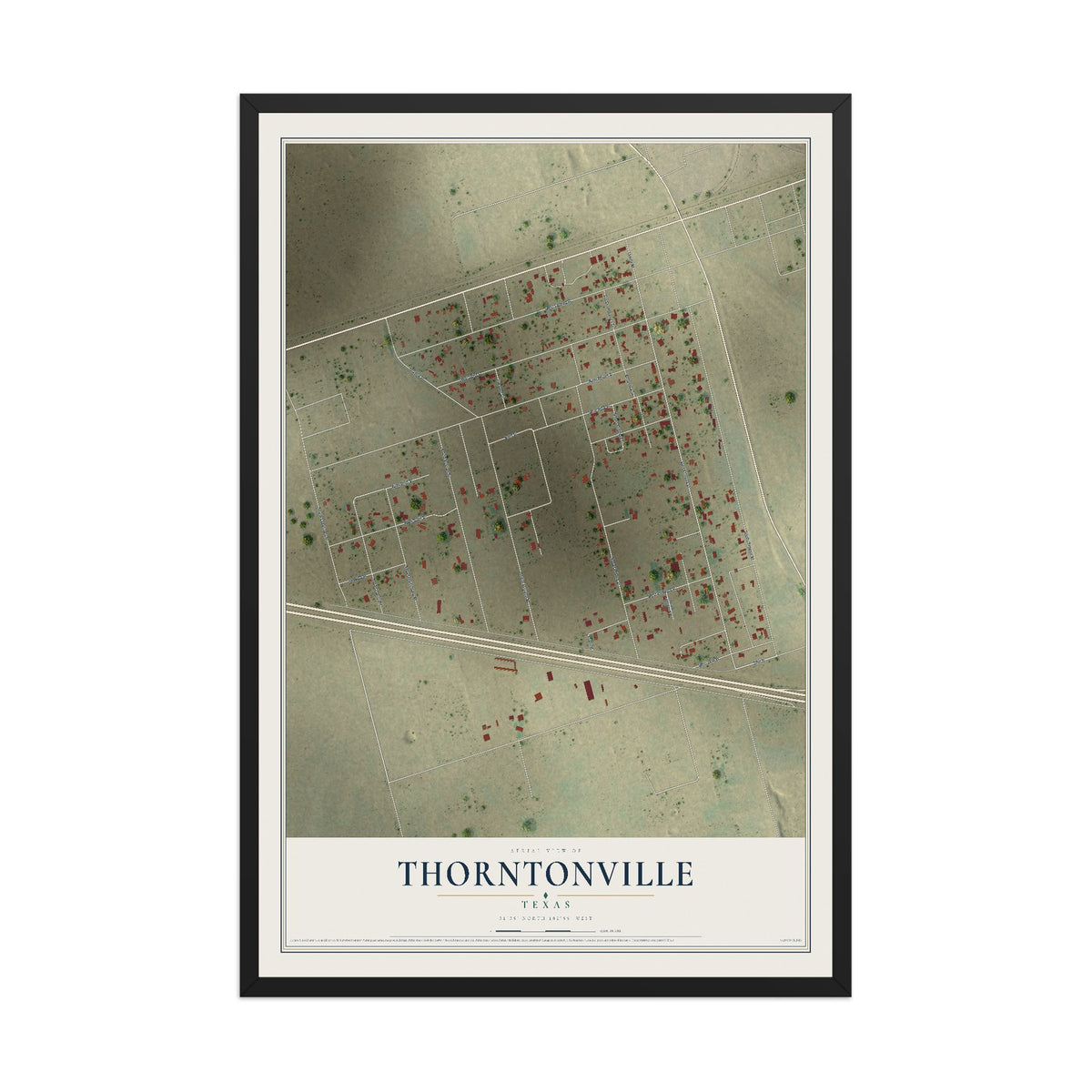 Map of Thorntonville, Texas, 12 x 18 inch print in a black wood frame