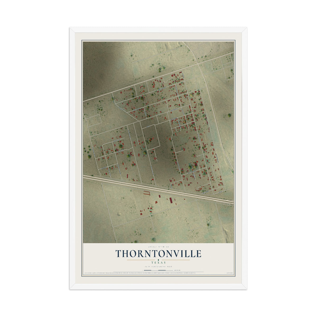 Map of Thorntonville, Texas, 12 x 18 inch print in a white wood frame