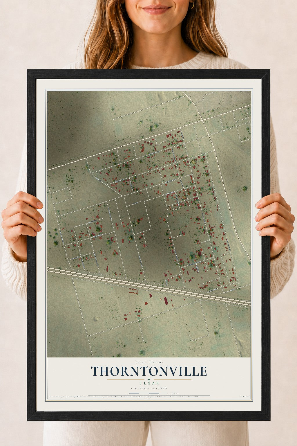 Map of Thorntonville, Texas, 18 x 24 inch print in a black wood frame