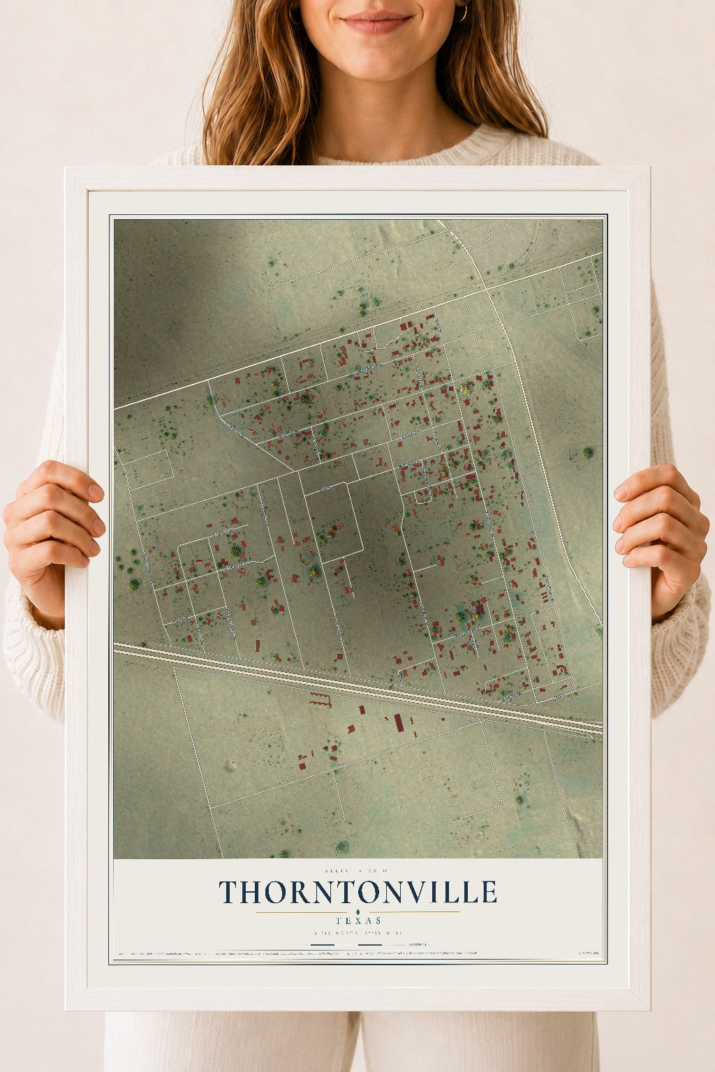 Map of Thorntonville, Texas, 18 x 24 inch print in a white wood frame