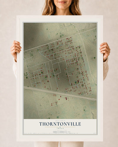 Map of Thorntonville, Texas, 24 x 36 inch print in a white wood frame