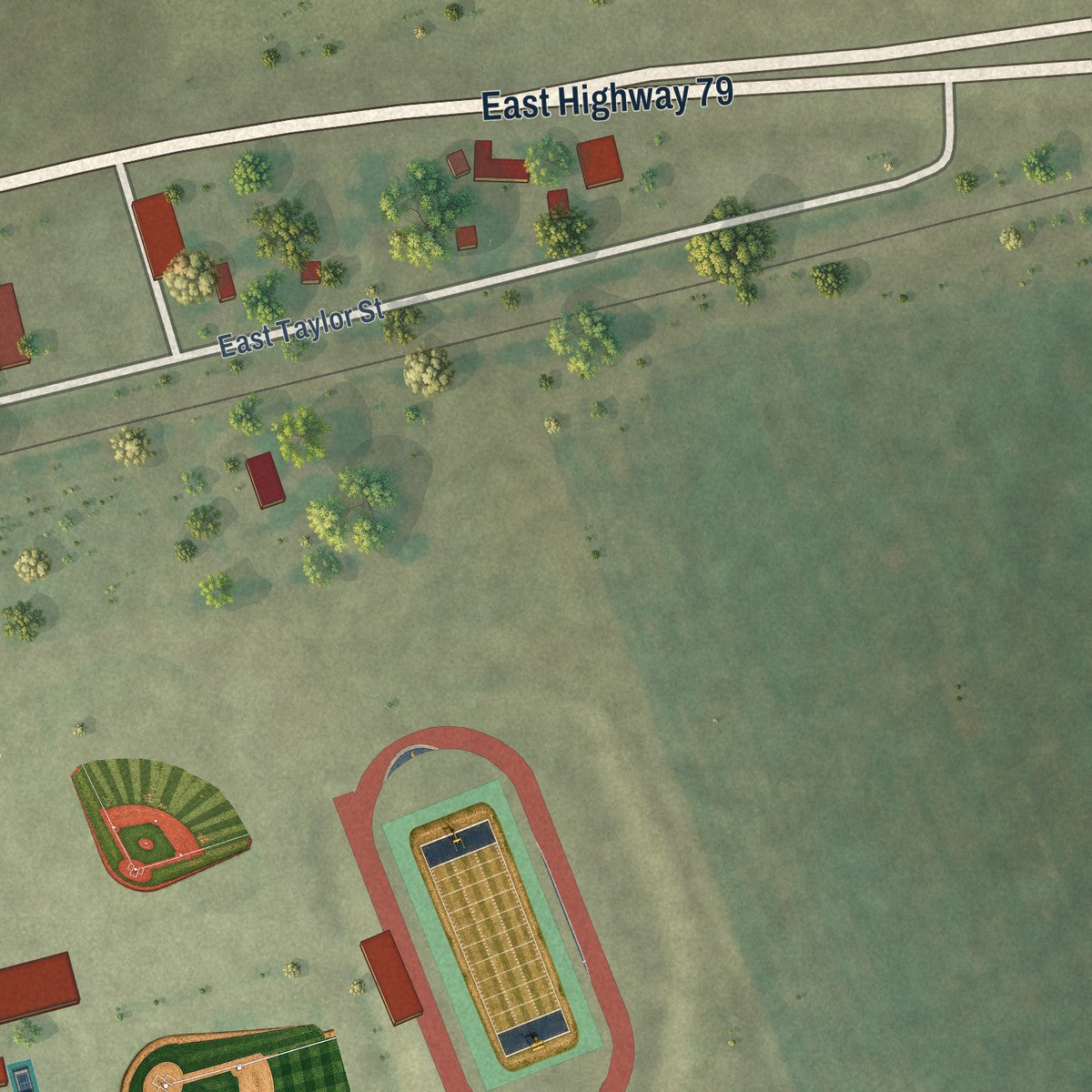Second close-up of the map of Thrall, Texas print showing more streets and buildings