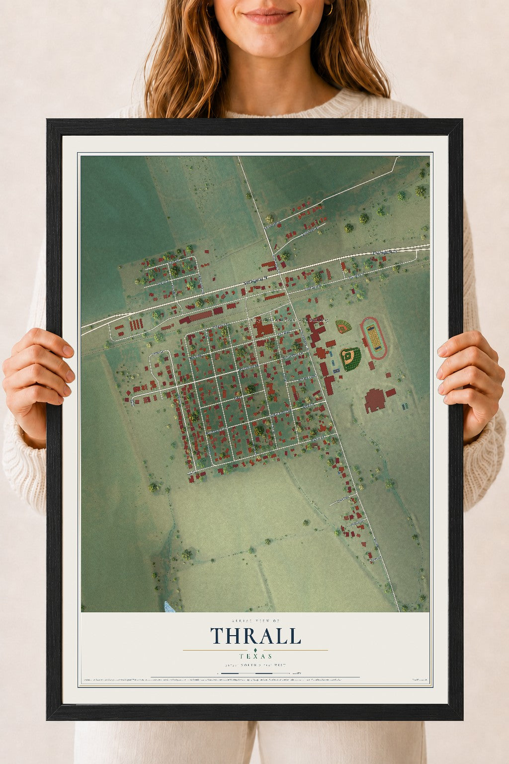 Map of Thrall, Texas, 18 x 24 inch print in a black wood frame
