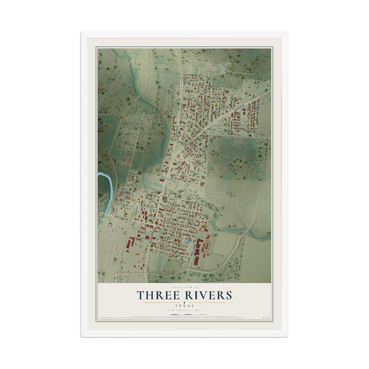 Map of Three Rivers, Texas, 12 x 18 inch print in a white wood frame