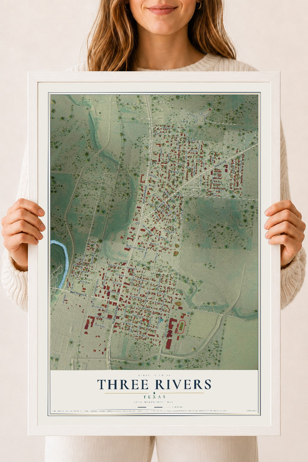 Map of Three Rivers, Texas, 18 x 24 inch print in a white wood frame