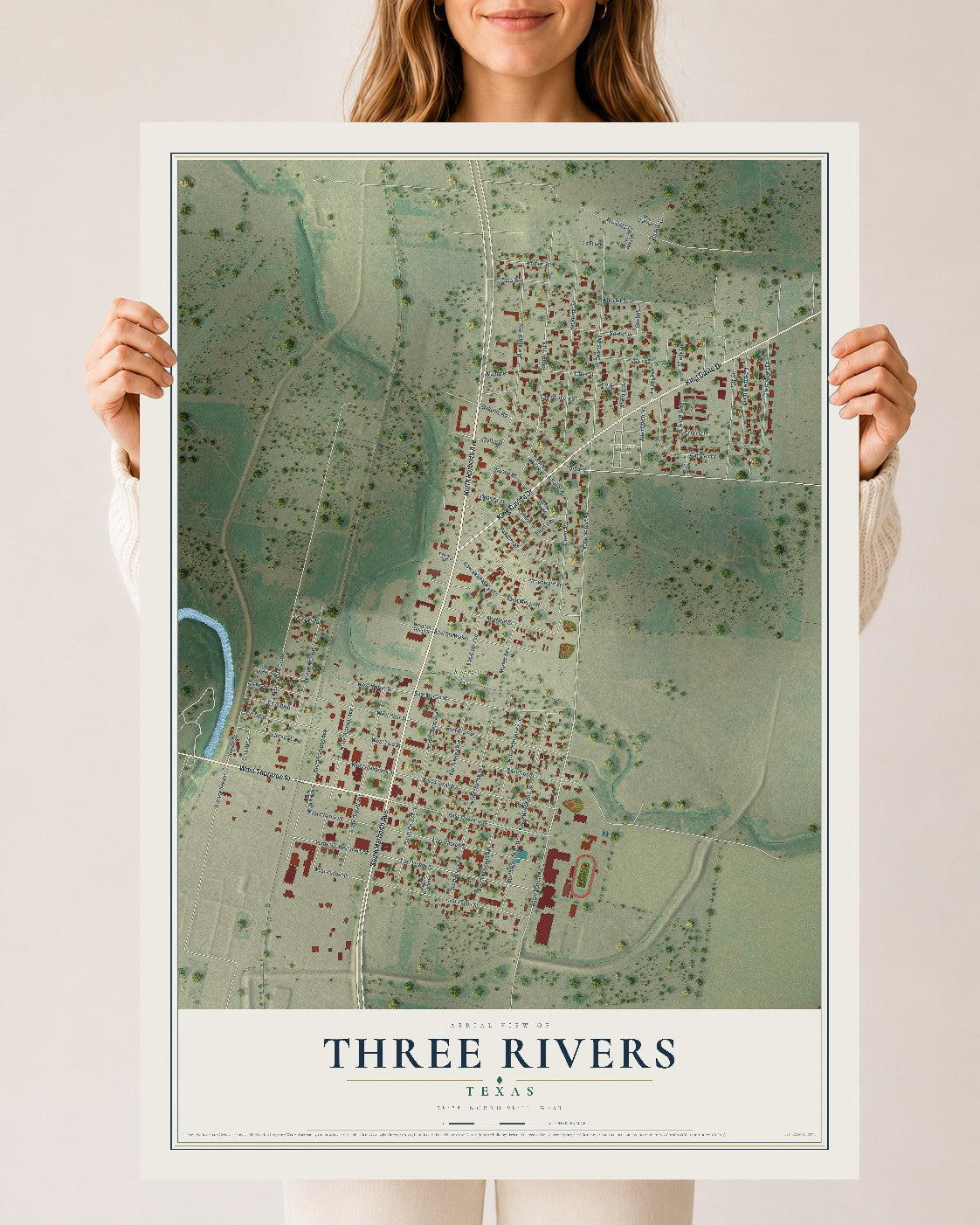 Map of Three Rivers, Texas, 24 x 36 inch unframed archival matte print