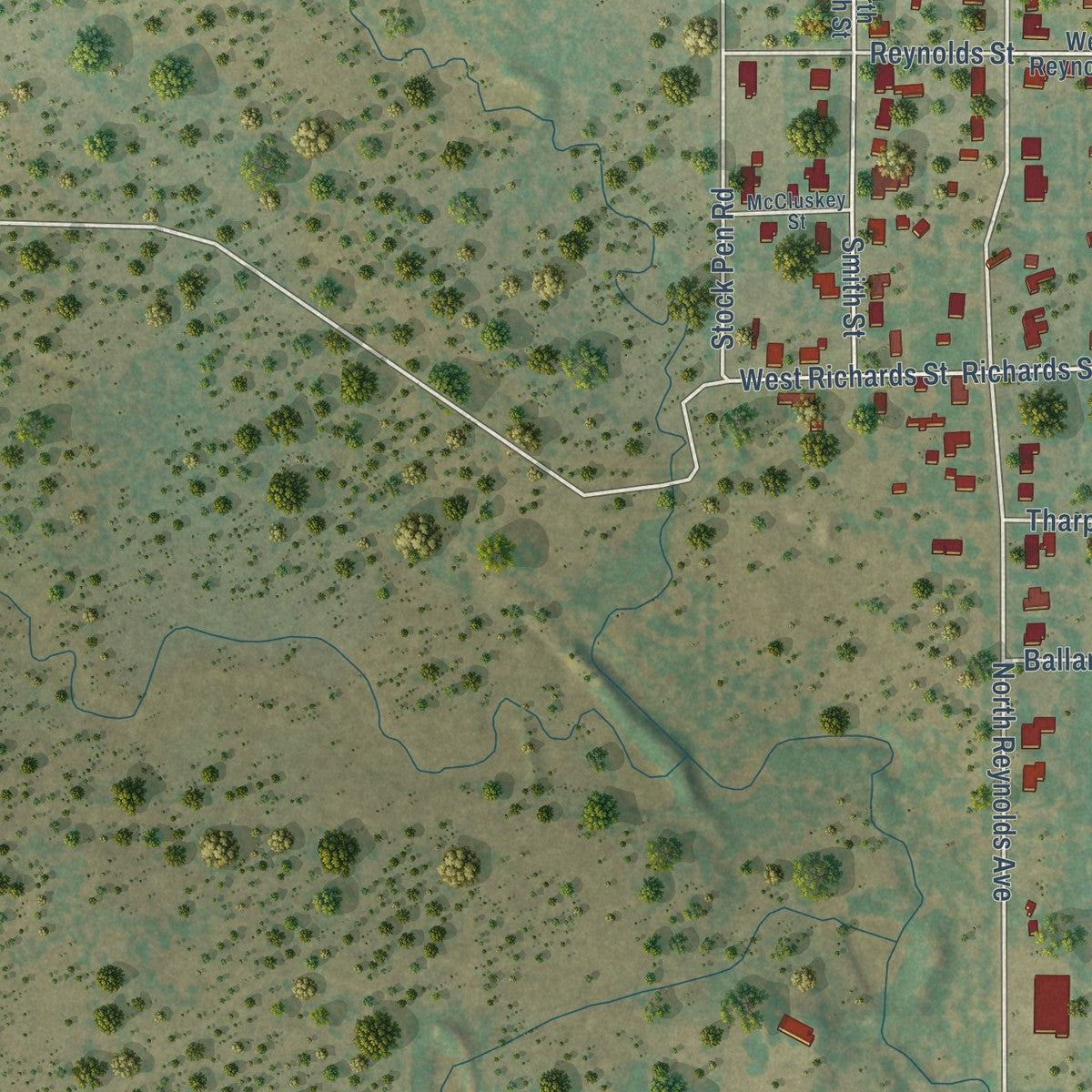 Second close-up of the map of Throckmorton, Texas print showing more streets and buildings