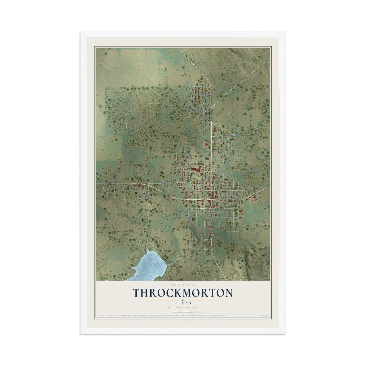 Map of Throckmorton, Texas, 12 x 18 inch print in a white wood frame