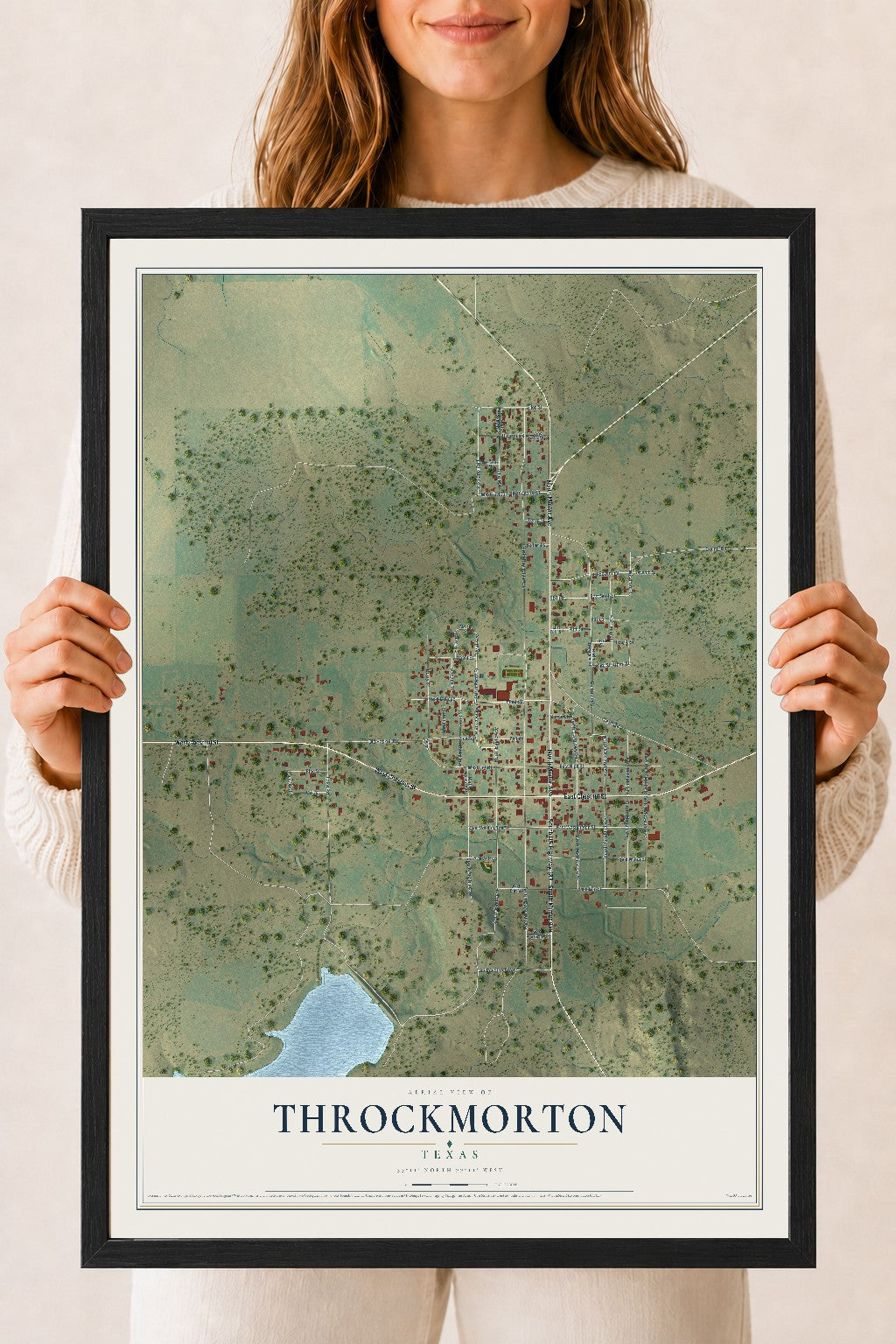 Map of Throckmorton, Texas, 18 x 24 inch print in a black wood frame